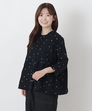 綿麻 ドットプリント 7分袖ブラウス