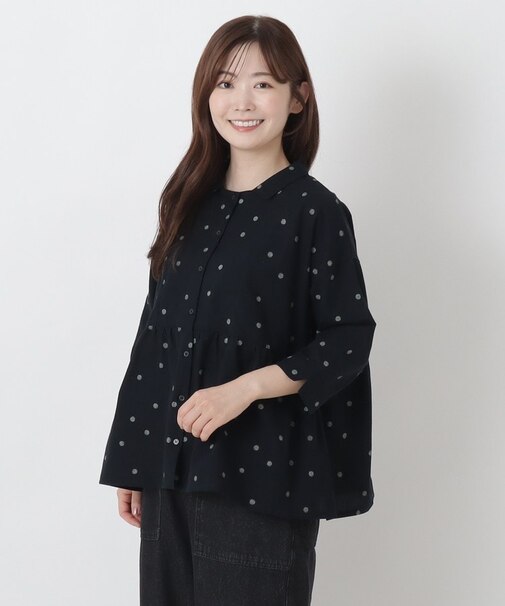 綿麻 ドットプリント 7分袖ブラウス