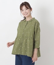 綿麻 ドットプリント 7分袖ブラウス