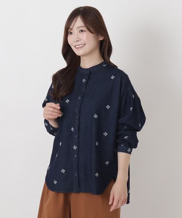 ツイル&デニム 配色刺繍入りブラウス