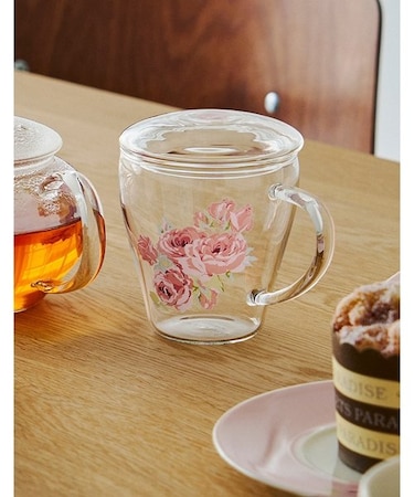 クチュール ローズ柄 耐熱ガラス蓋つきマグ（茶漉し付き）