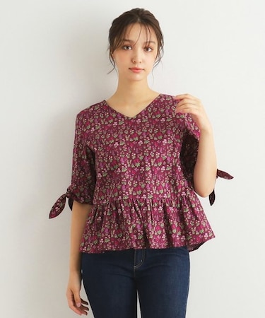 【洗える/コットン100%/同柄アイテムあり】ウズマ柄袖リボンブラウス