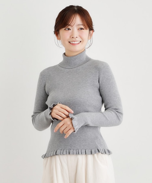 リブタートルフリルニット