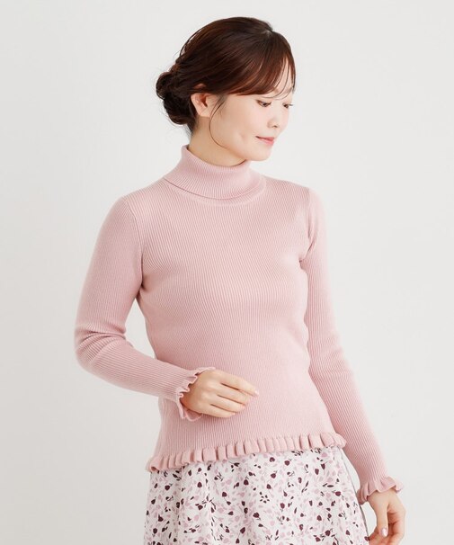 リブタートルフリルニット