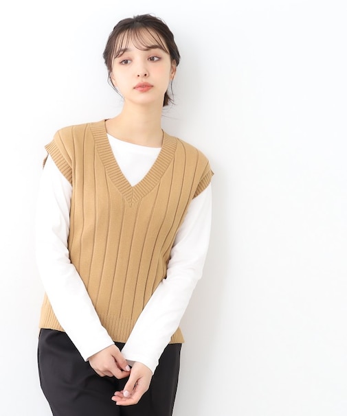 太リブ編みVネックベスト