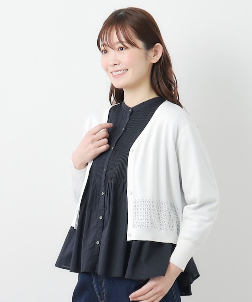 【コットンシルク混／7分袖】透かし編みVネックカーディガン