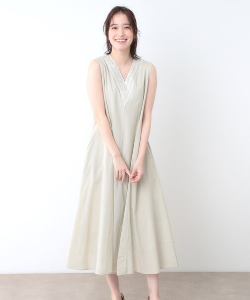 【コットン100％／インド綿／刺繍入り】Vネックワンピース