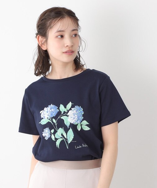 【コットン100％／洗える】ハイドランジア柄Tシャツ