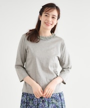 【人気デザイン！7分袖／日本製/コットン100％】シフォンフリルネック カットソー