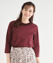 【人気デザイン！7分袖／日本製/コットン100％】シフォンフリルネック カットソー