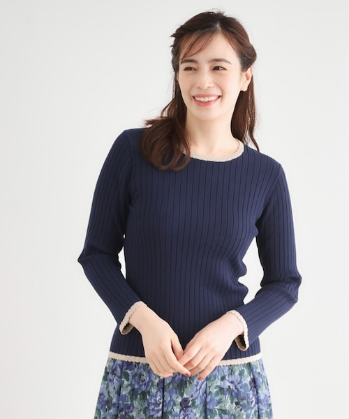 洗える／ハイゲージ／配色デザイン】プルオーバーニット｜ローラ