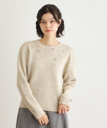 【モヘヤ混／洗える／ビジュー付き】プルオーバーニット