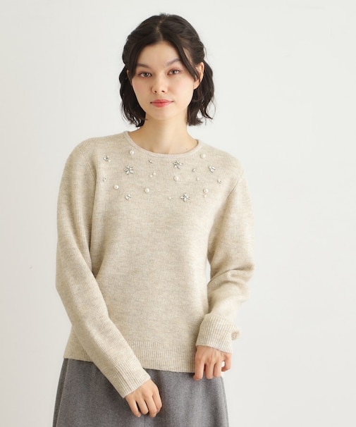 【モヘヤ混／洗える／ビジュー付き】プルオーバーニット