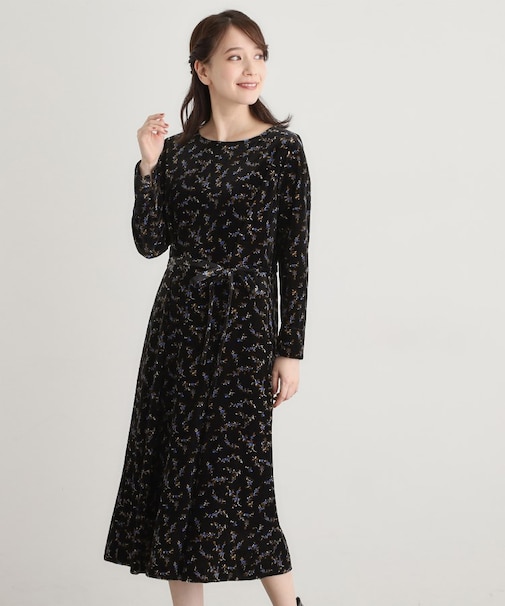 【洗える/同柄アイテムあり】エラビー スプリッグ柄ベロアワンピース