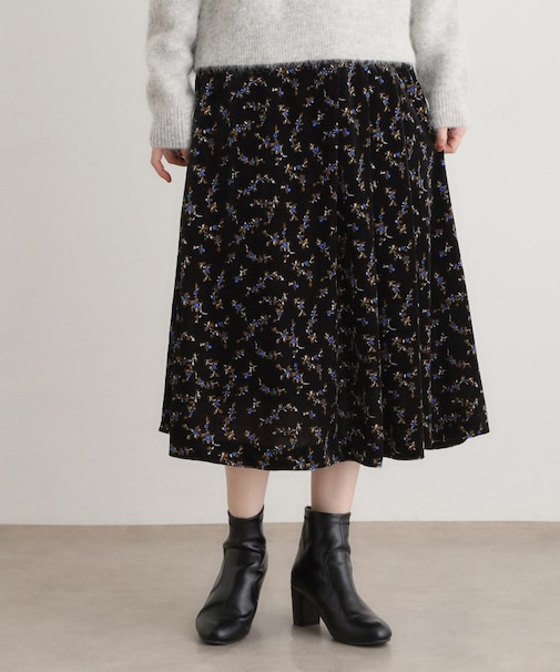 【洗える/ウエストゴム/同柄アイテムあり】エラビー スプリッグ柄 ベロアスカート