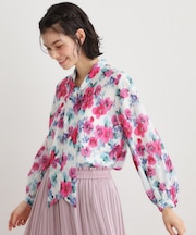 【洗える／同柄アイテムあり】フリーサム ヘイズ柄 ボウタイブラウス