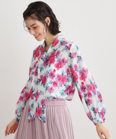 【洗える／同柄アイテムあり】フリーサム ヘイズ柄 ボウタイブラウス