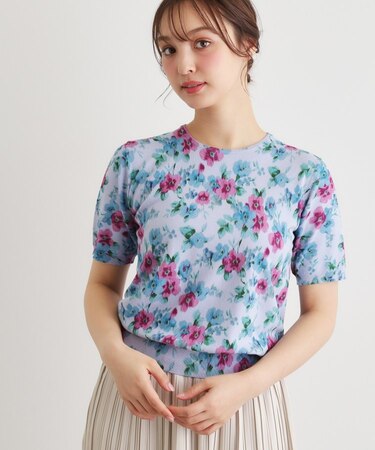 【洗える／5分袖／同柄・同素材アイテムあり】フリーサム ヘイズ柄 プリントニット