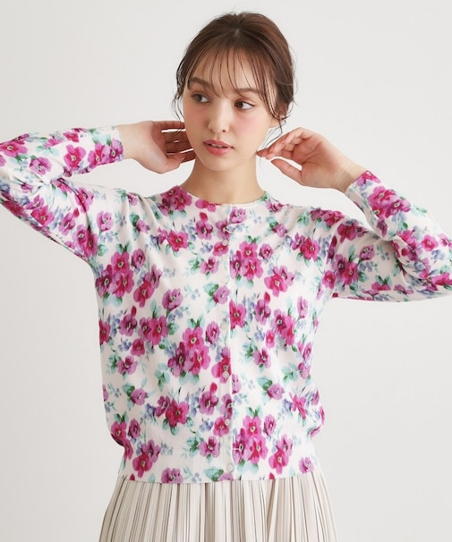 【洗える／同柄・同素材アイテムあり】フリーサム ヘイズ柄 プリントニットカーディガン