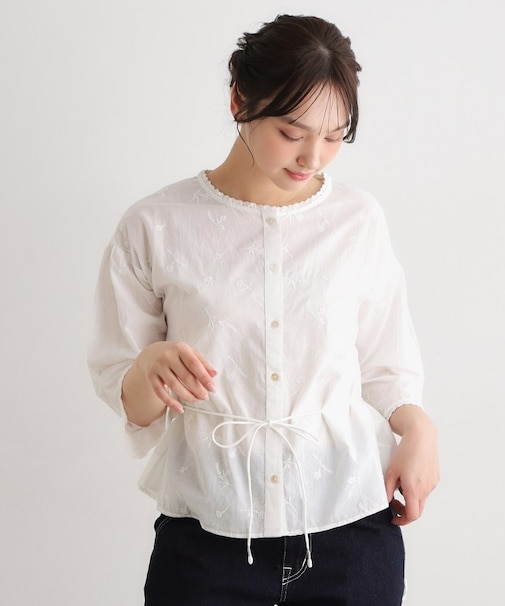 【コットン100％／洗える／インド製】総柄刺繍ブラウス