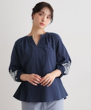 【コットン100％／7分袖／4colors】フォスコット ダマスク柄 刺繍ブラウス
