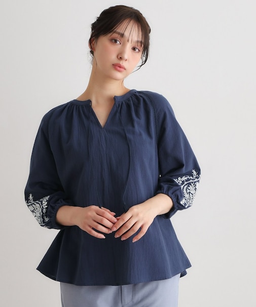 【コットン100％／7分袖／4colors】フォスコット ダマスク柄 刺繍ブラウス
