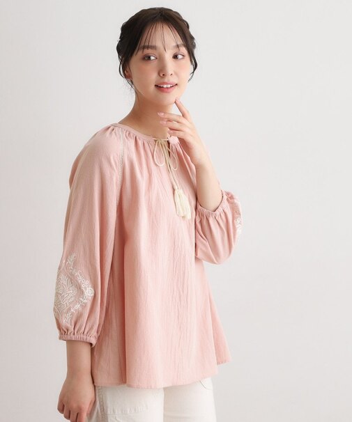 【コットン100％／7分袖／4colors】フォスコット ダマスク柄 刺繍ブラウス