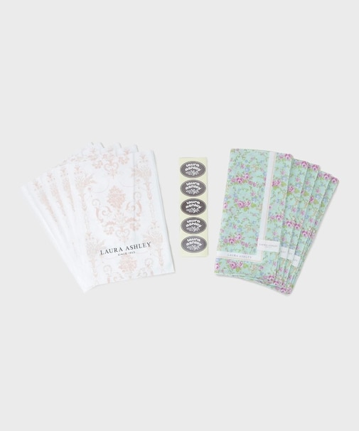 【WEB限定／お配りギフトにおすすめ！／ラッピング資材付き】小リボン＆お花 プリントハンカチ ミント 5枚セット