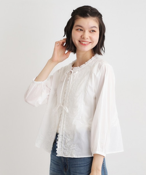 【インド製／コットン100％】リボン＆レースブラウス