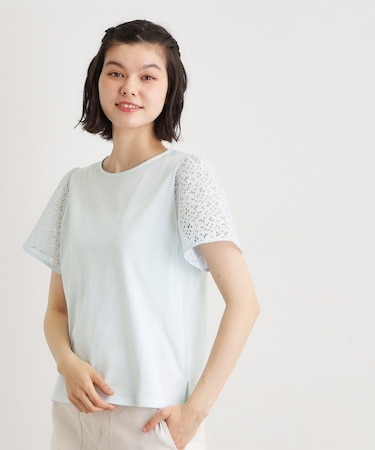 【洗える／コットン100％／日本製】レーススリーブカットソー