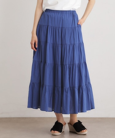 【ウエストゴム仕様／両脇ポケット】コットンボイル ティアードスカート