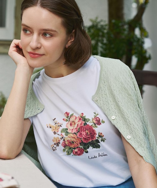 【ギフトにおすすめ！5分袖／接触冷感／UVカット】エレンボロー ローズ柄Tシャツ