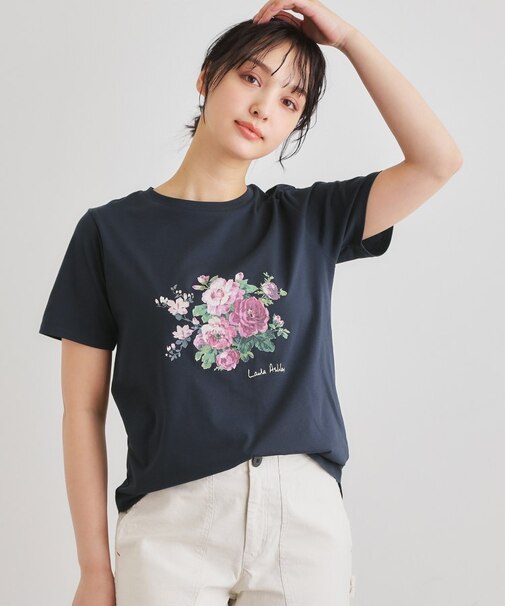 【ギフトにおすすめ！5分袖／接触冷感／UVカット】エレンボロー ローズ柄Tシャツ