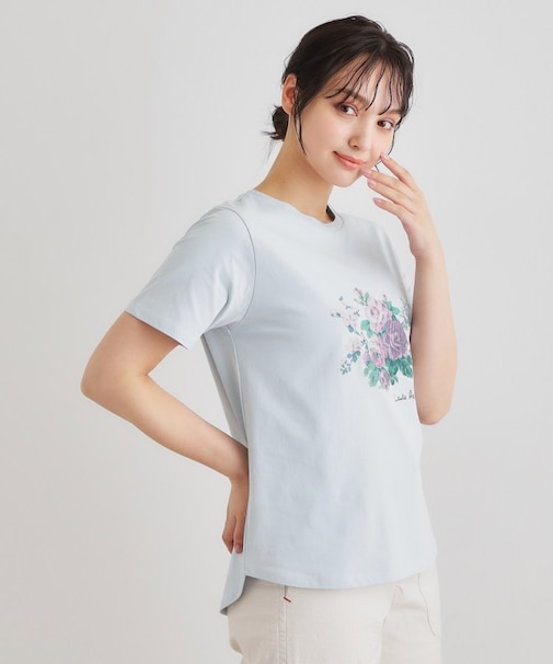 【ギフトにおすすめ！5分袖／接触冷感／UVカット】エレンボロー ローズ柄Tシャツ