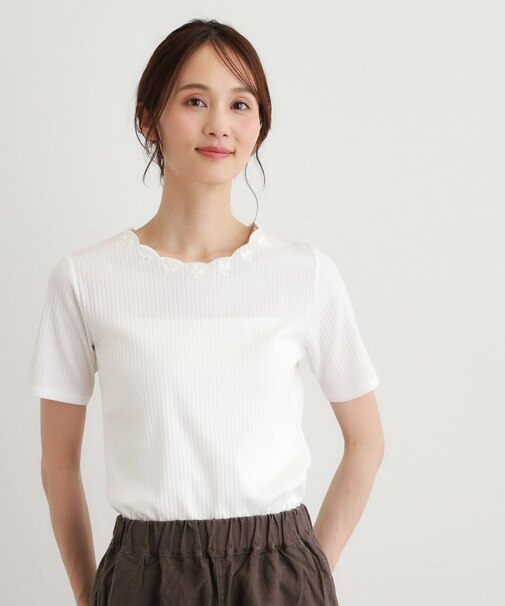 【日本製／コットン100％】スカラップ刺繍カットソー