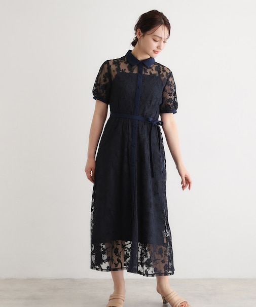 【洗える／5分袖／キャミワンピ付き】エルヴェデン柄チュール刺繍ワンピース