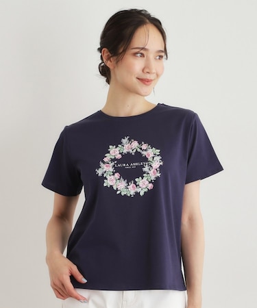 【コットン100％／洗える】リースフローラル プリントTシャツ