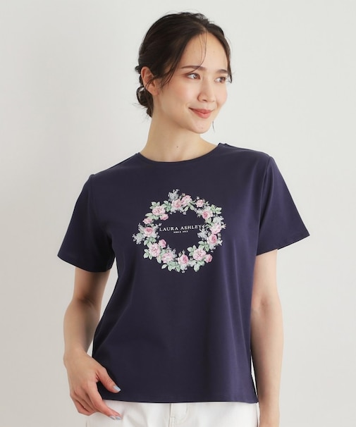 【コットン100％／洗える】リースフローラル プリントTシャツ