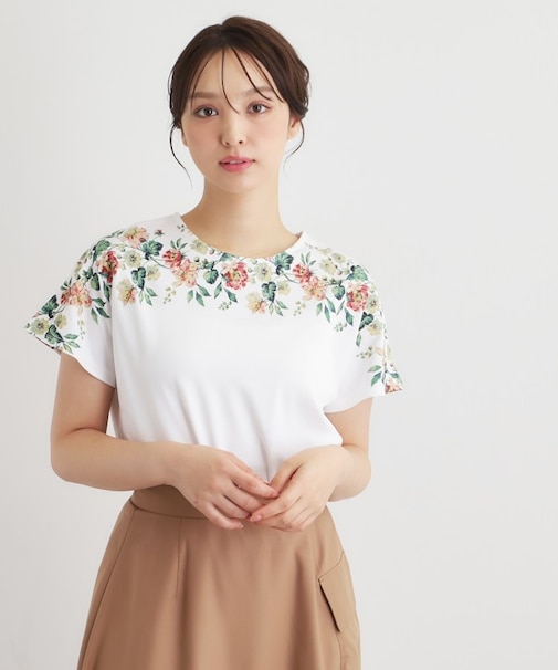 【接触冷感／洗える／コットン100％】ロミリー柄 デコルテプリントTシャツ