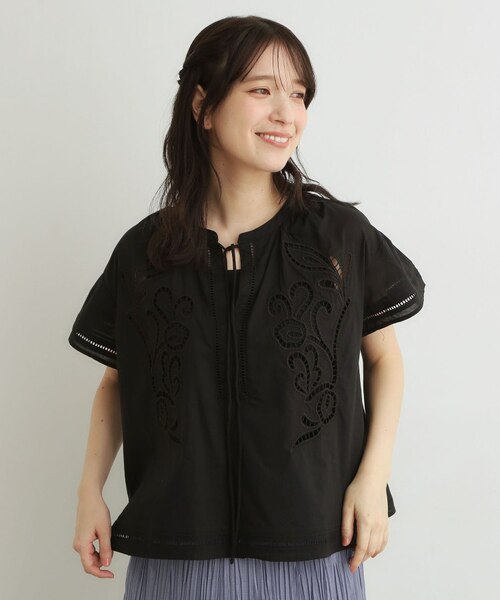 美品 ボールジィ コットンレース カットワーク 半袖ブラウス 黒 36 洗える／コットン100％】カットワークレースブラウス｜ローラ