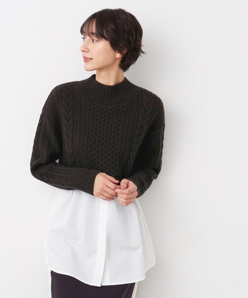 【洗える】シャツ付きレイヤードケーブルニット