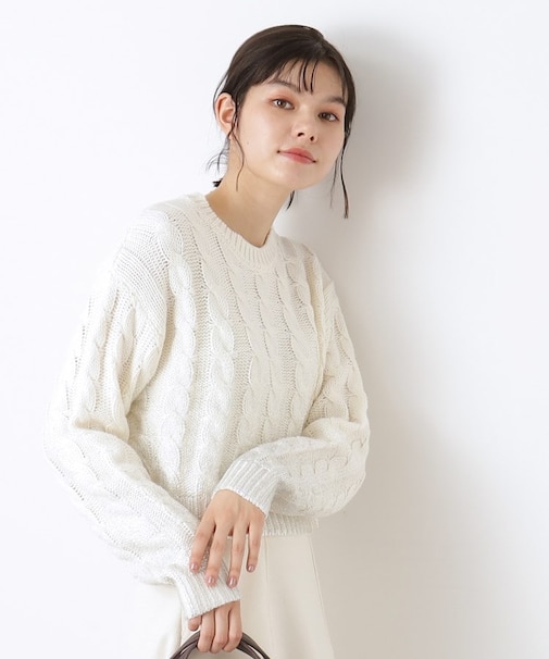 【洗える】ショート丈箔プリントケーブルニット