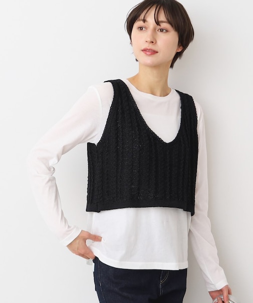 【洗える】クロップド丈Vネックニットベスト