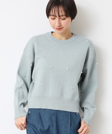 【洗える】パール調付きクロップド丈ニット(S~L)
