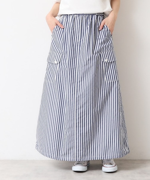 【洗える・ウエストゴム】スピンドル付ストライプスカート(S~L)
