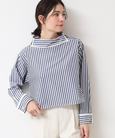 【洗える】ロールネックストライプブラウス(S~L)