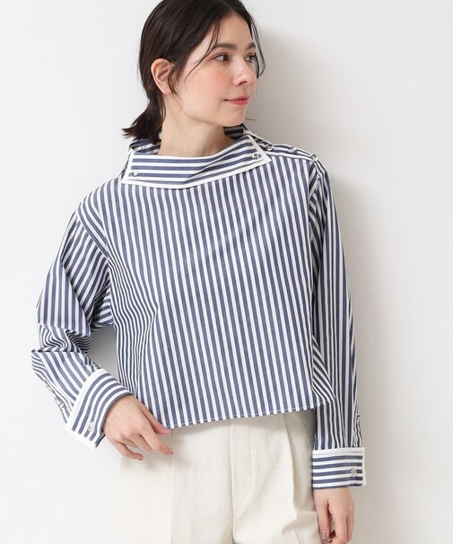 【洗える】ロールネックストライプブラウス(S~L)