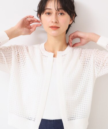 【洗える】チェック柄シアークルーネックカーディガン