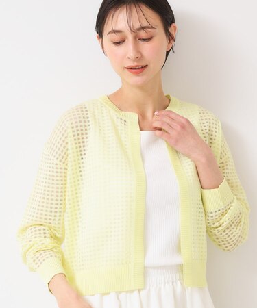 【洗える】チェック柄シアークルーネックカーディガン
