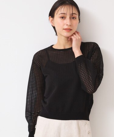 【洗える】チェック柄シアーニット